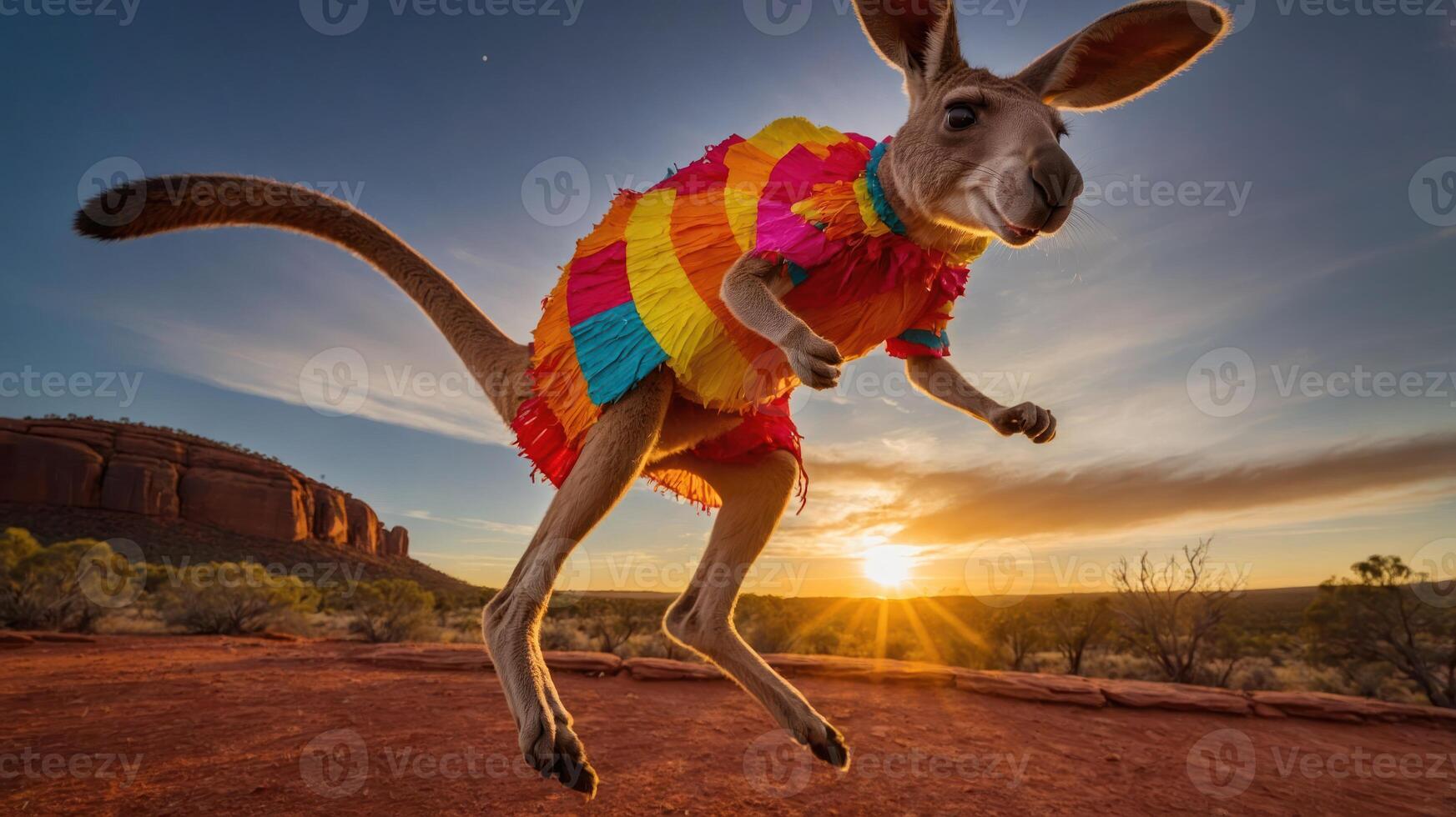 A kangaroo in a colorful outfit jumps against a sunset backdrop in a desert landscape. photo