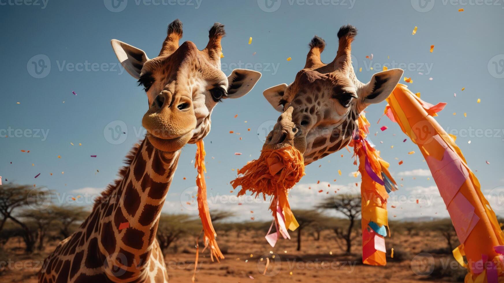 Two playful giraffes adorned with colorful decorations in a vibrant outdoor setting. photo
