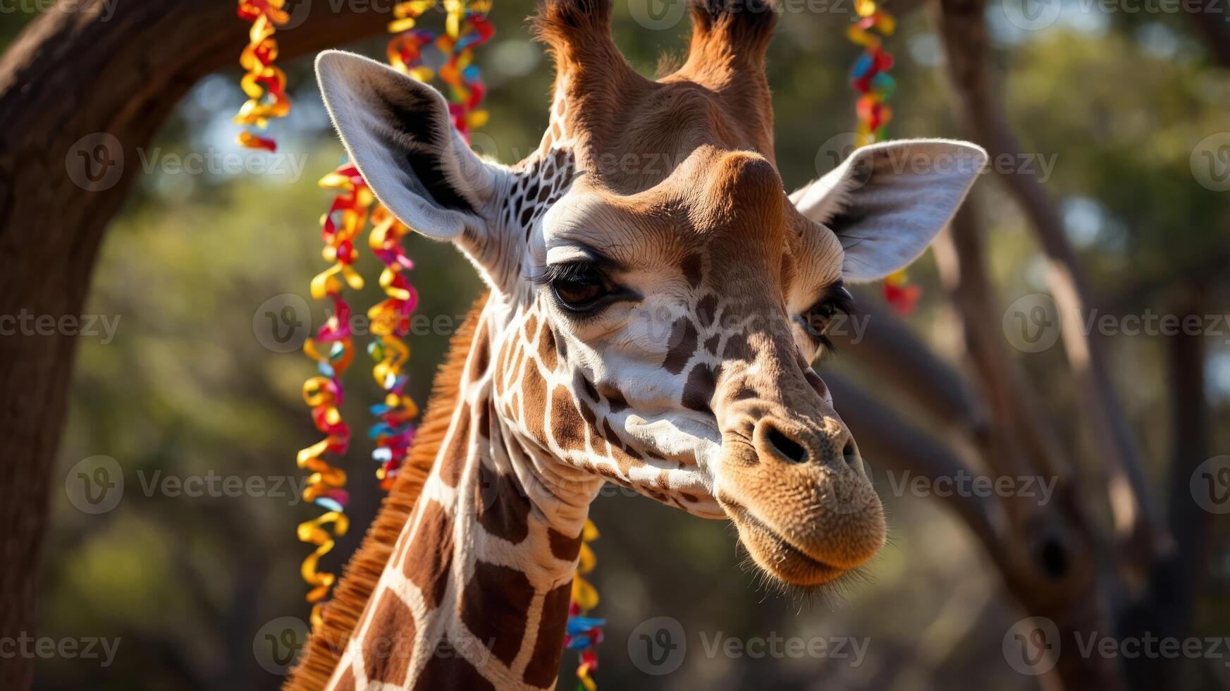 A close-up of a giraffe surrounded by colorful decorations in a natural setting. photo