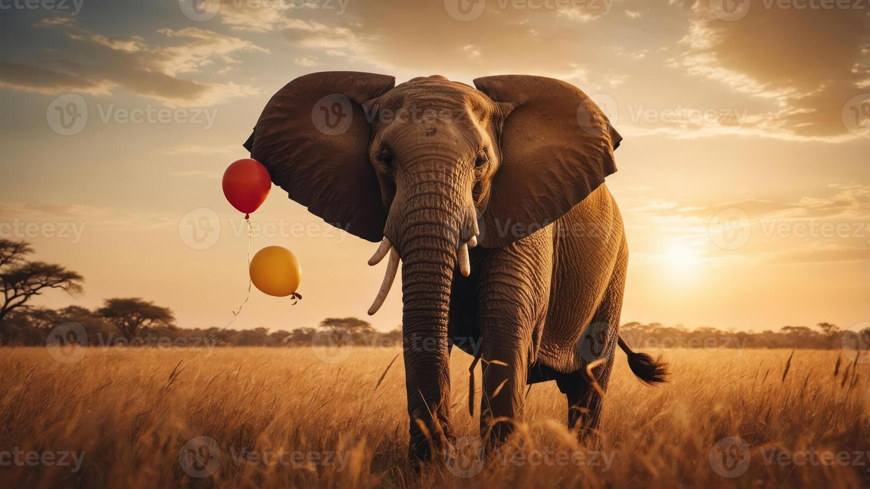 An elephant holds balloons in a golden sunset landscape. photo