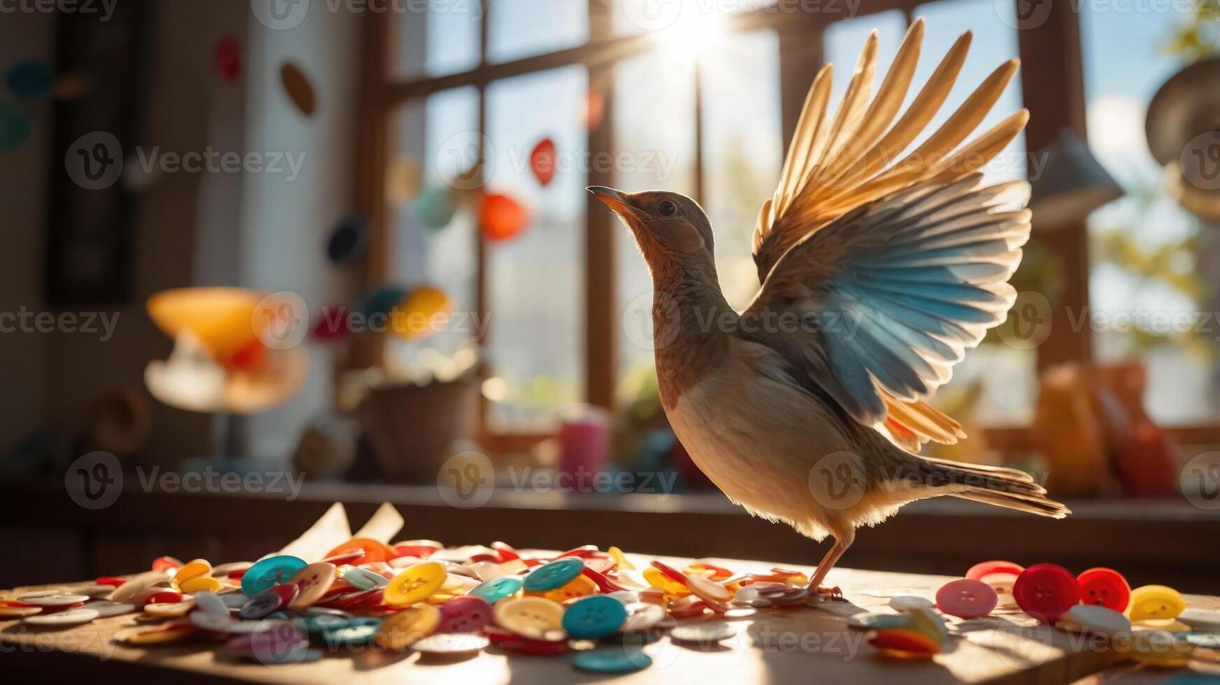 A bird spreads its wings amidst colorful buttons in a sunlit room. photo