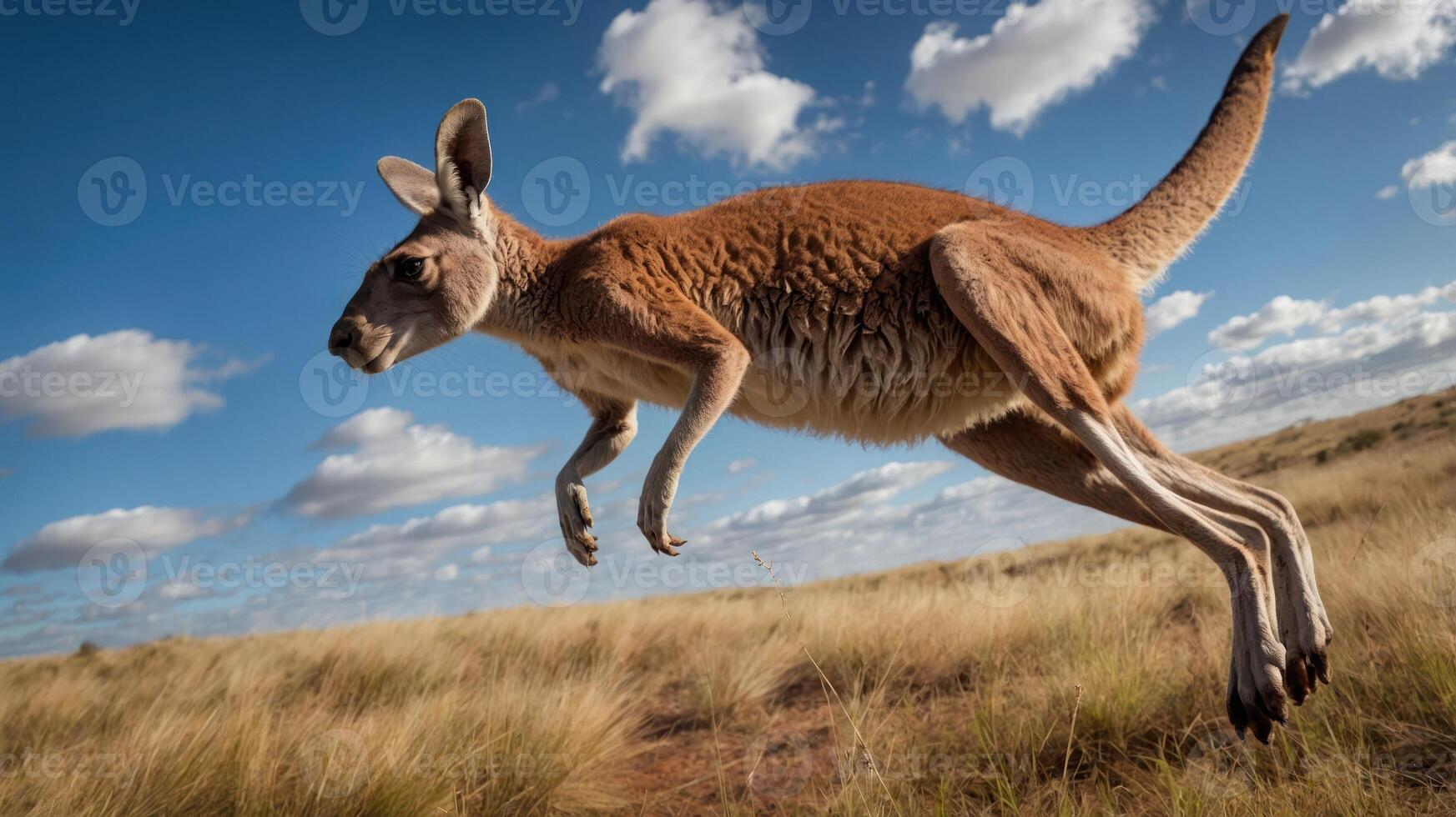 A kangaroo leaps gracefully across a grassy landscape under a blue sky with fluffy clouds. photo