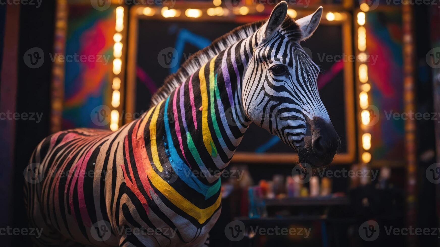 A zebra painted with vibrant rainbow stripes, showcasing artistic expression and creativity. photo