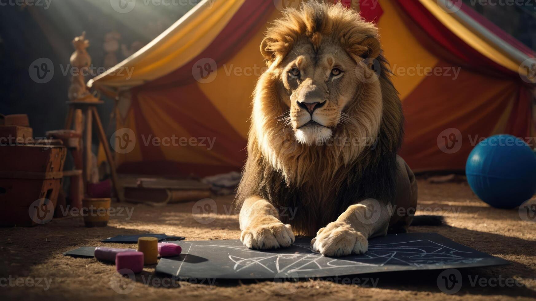 A lion lounging in a circus-like setting, surrounded by toys and a colorful tent. photo