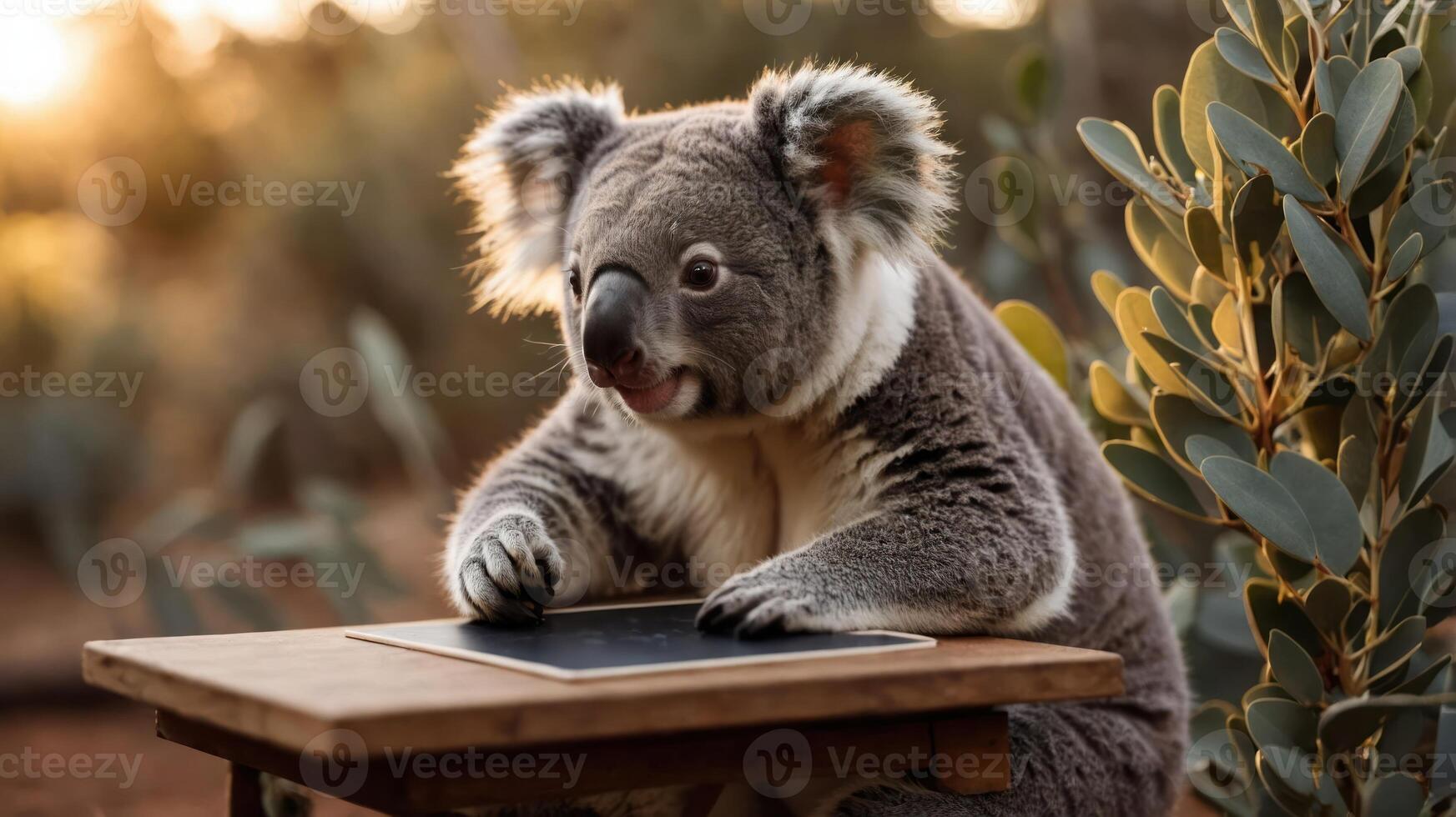 A koala interacting with a tablet on a wooden table in a natural setting. photo