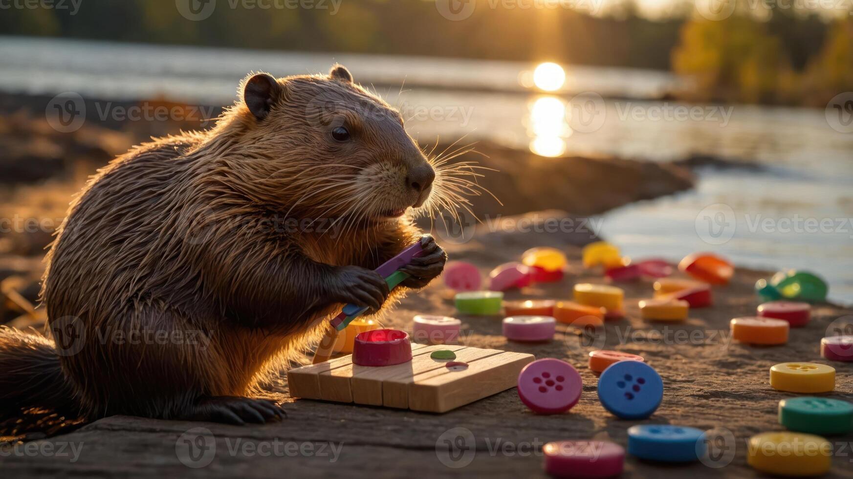 A beaver playing with colorful buttons by a river at sunset. photo