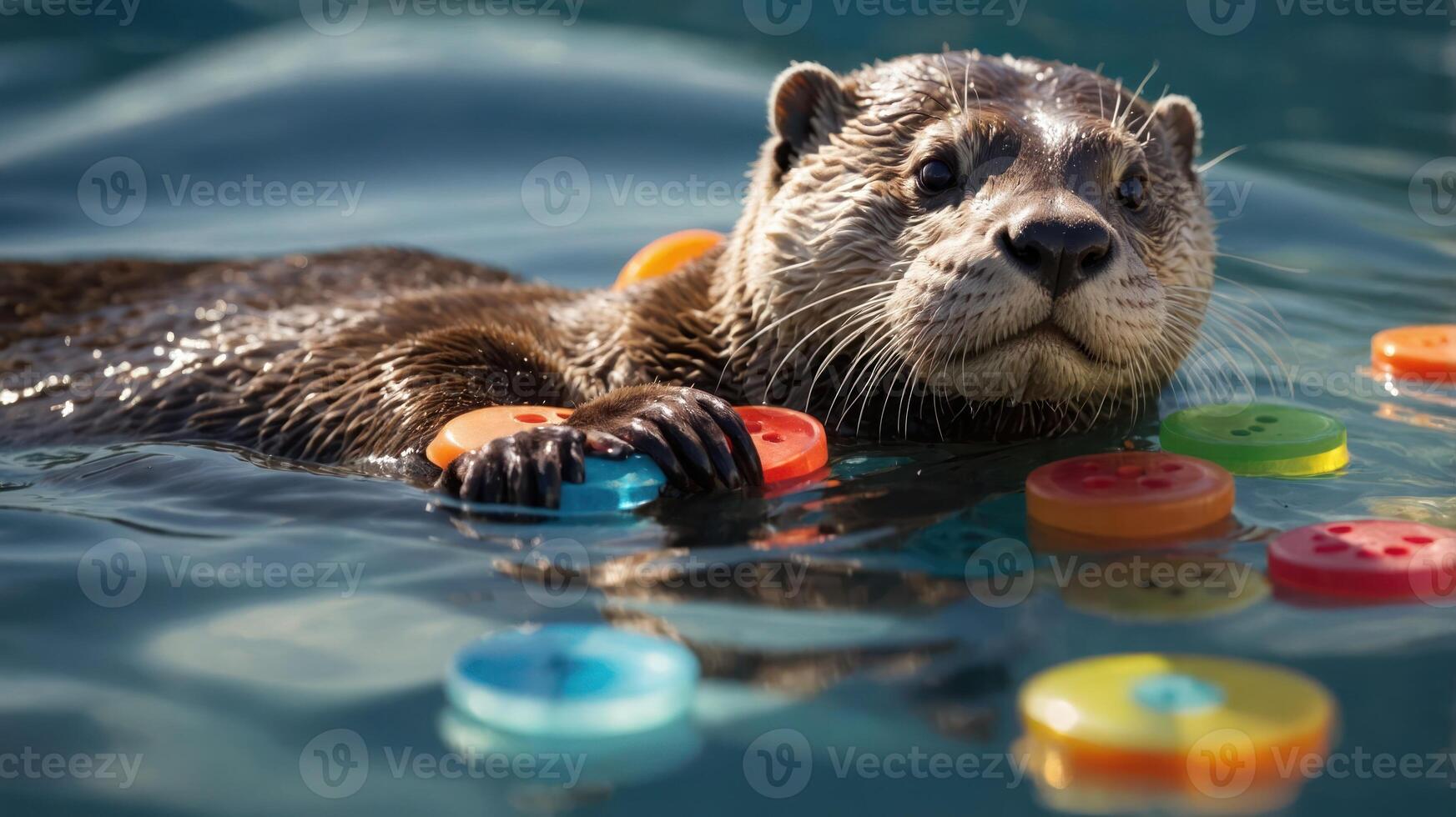 An otter floats in water surrounded by colorful plastic discs, showcasing playful behavior. photo
