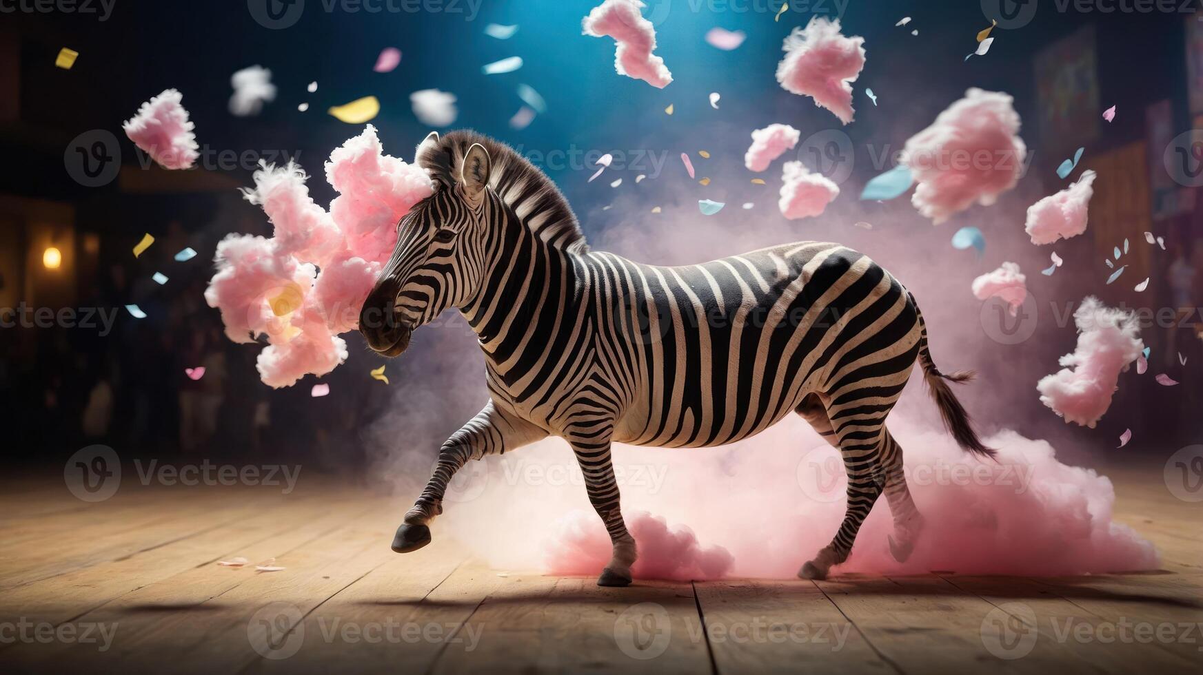 A zebra runs through a colorful scene with cotton candy, creating a whimsical atmosphere. photo