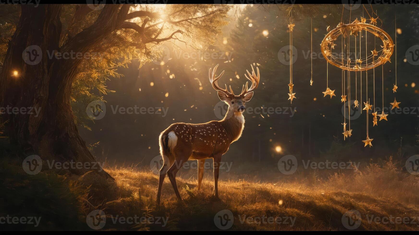 A serene deer in a magical forest illuminated by soft light and hanging stars. photo