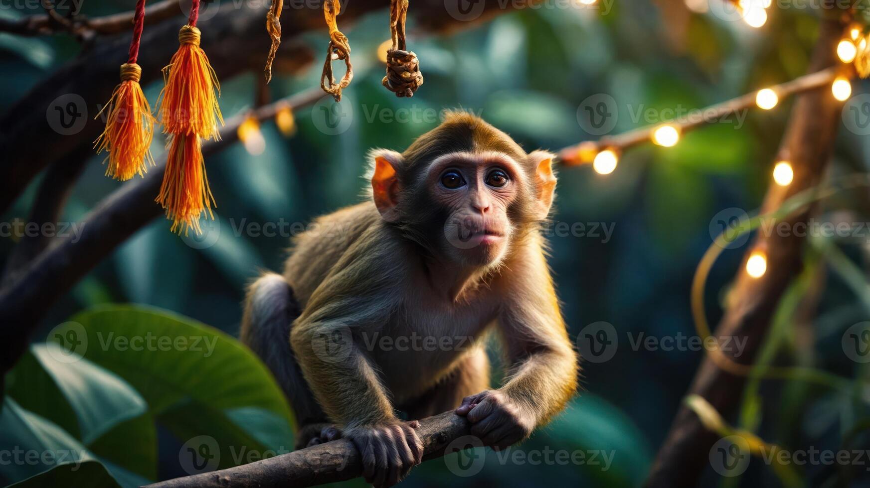 A monkey perched on a branch surrounded by greenery and decorative lights. photo