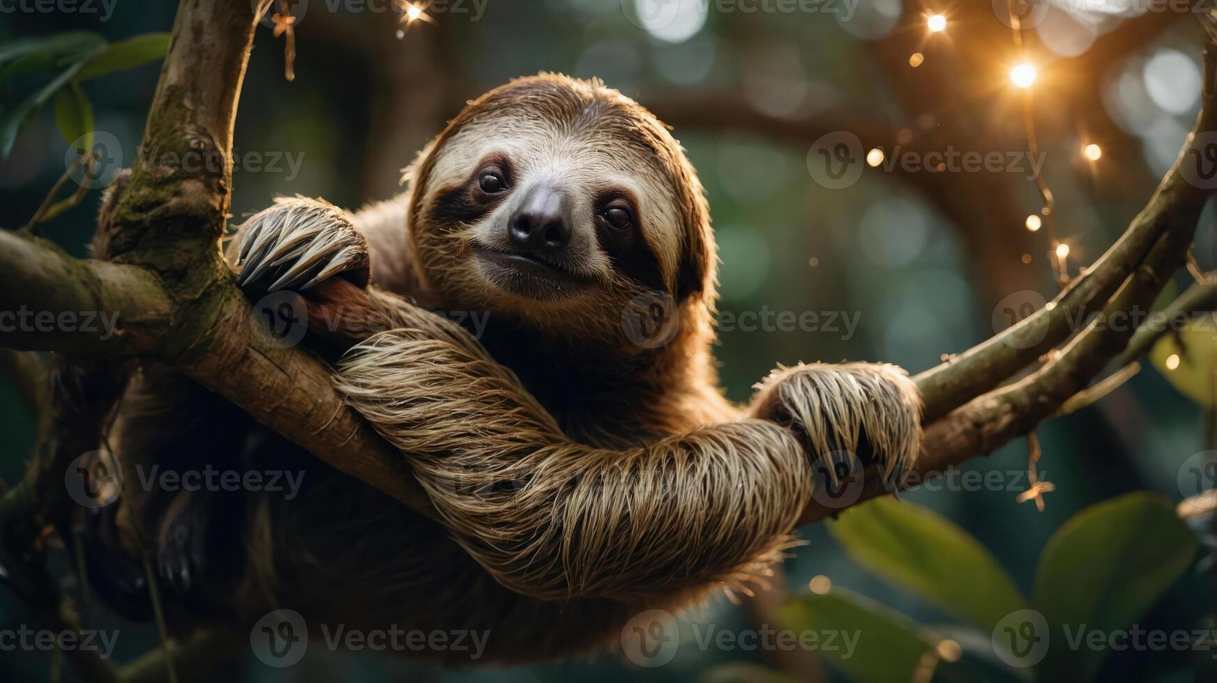 A sloth hanging on a branch in a lush, green environment, exuding a calm and peaceful vibe. photo