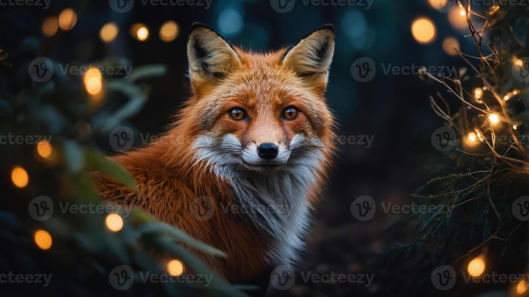 A majestic fox surrounded by soft glowing lights in a dark forest setting. photo