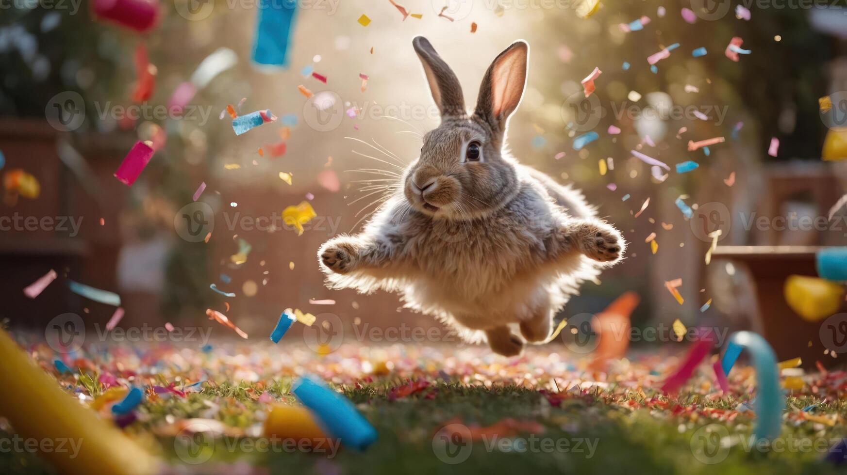 A joyful rabbit leaps amidst colorful confetti in a festive outdoor setting. photo