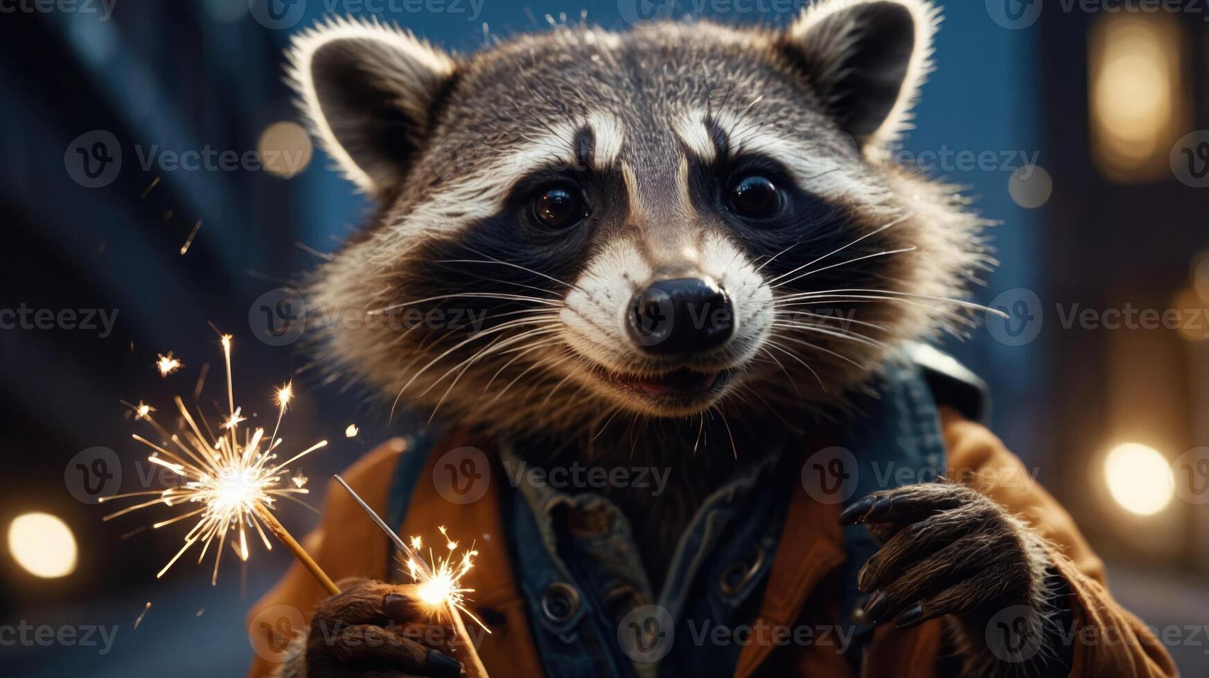 A raccoon in a denim jacket holds a sparkler, capturing a whimsical moment of celebration. photo