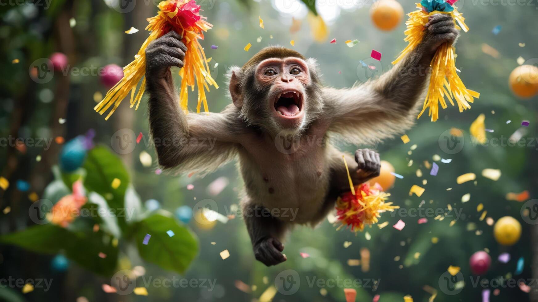 A joyful monkey celebrating with colorful decorations and confetti in a vibrant setting. photo