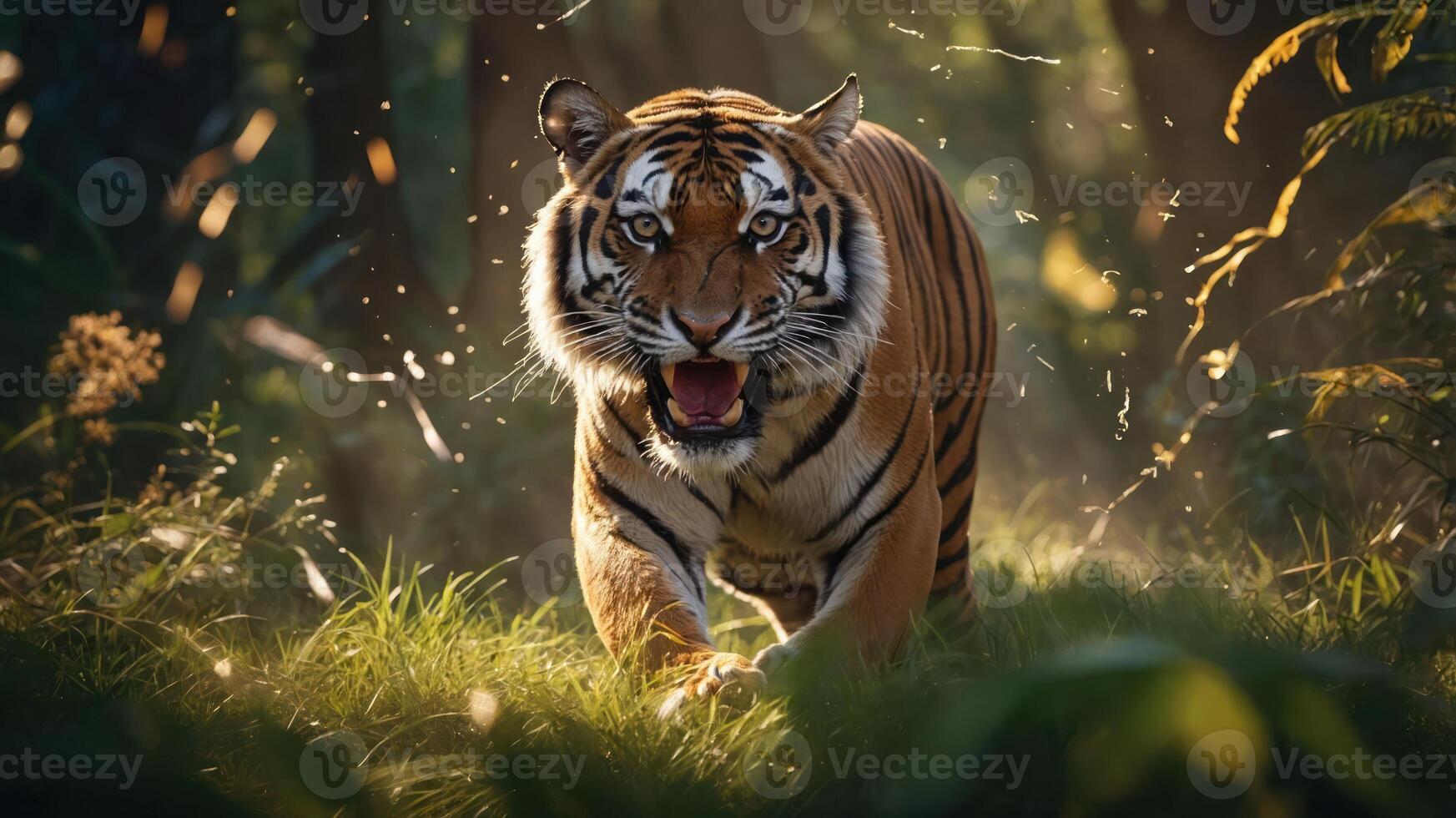 A fierce tiger prowling through a sunlit forest, showcasing its power and beauty. photo