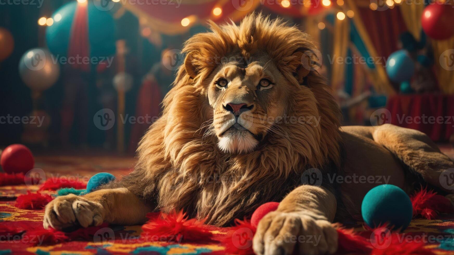 A majestic lion rests in a circus setting, surrounded by colorful balls and festive decor. photo