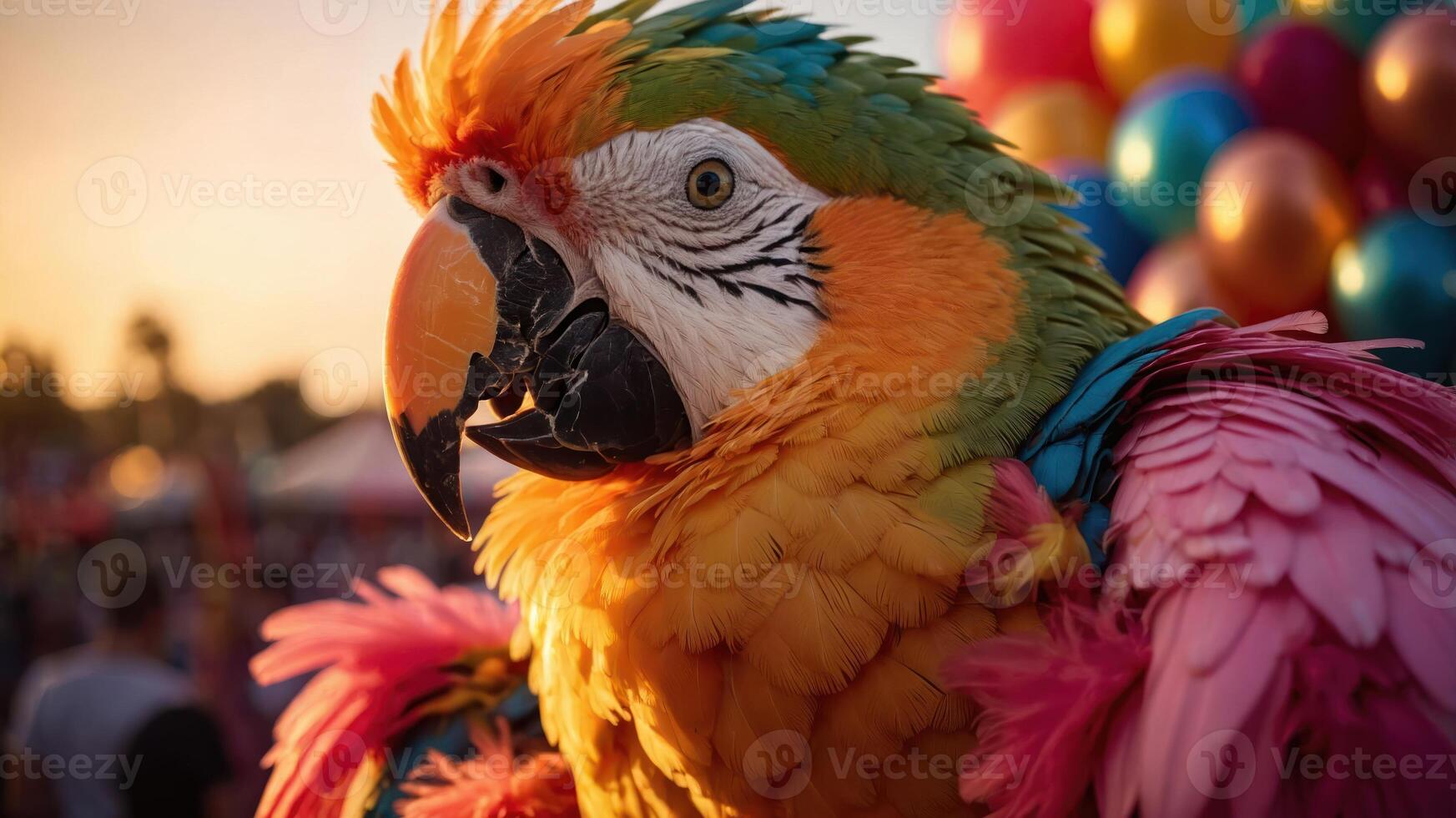 A vibrant parrot with colorful feathers amidst a festive background. photo