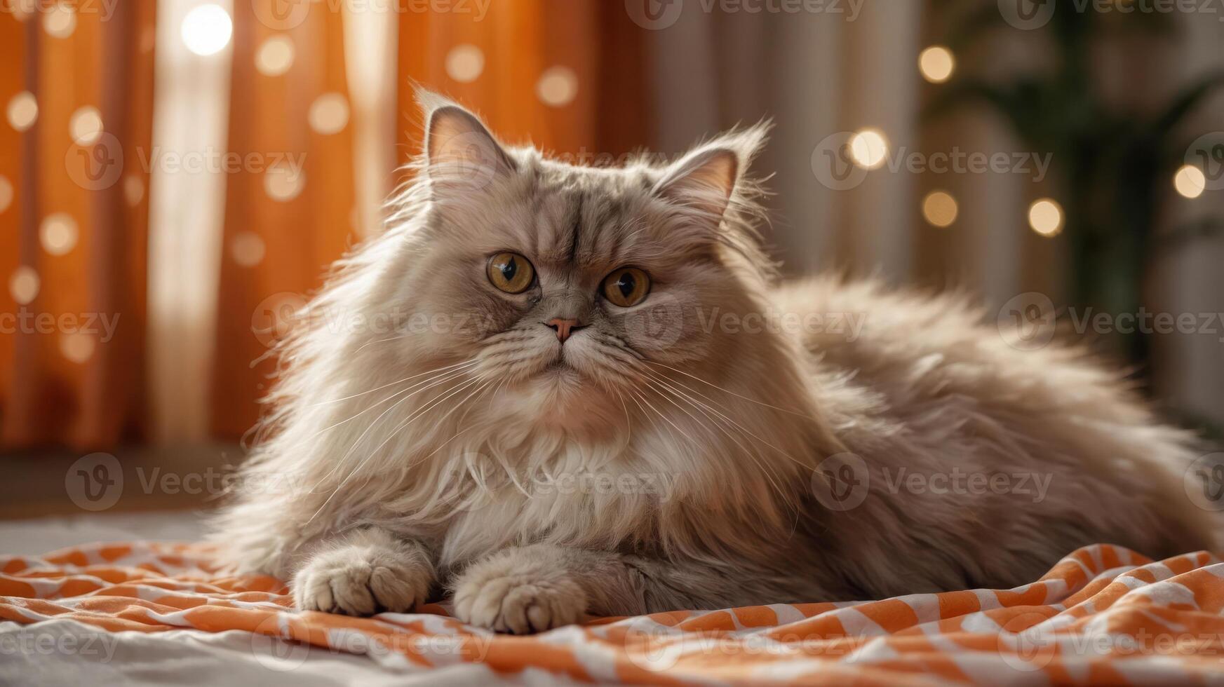 A fluffy cat lounging on a blanket with warm, ambient lighting in the background. photo
