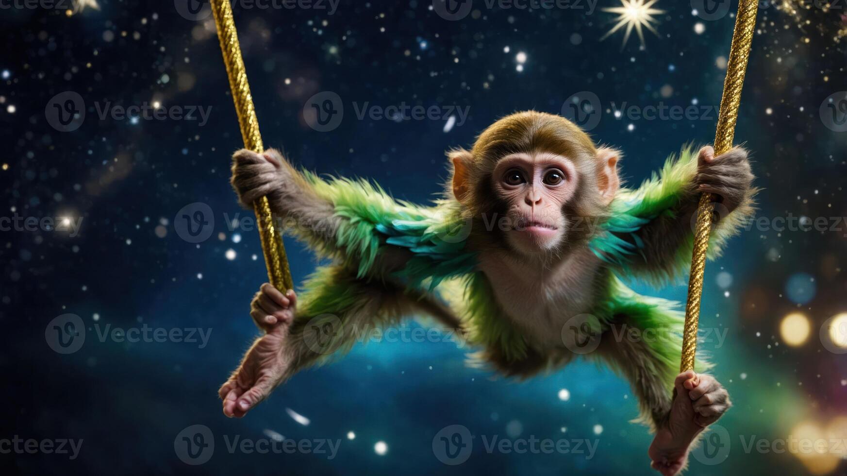 A playful monkey swings on ropes against a starry, cosmic background, showcasing agility. photo