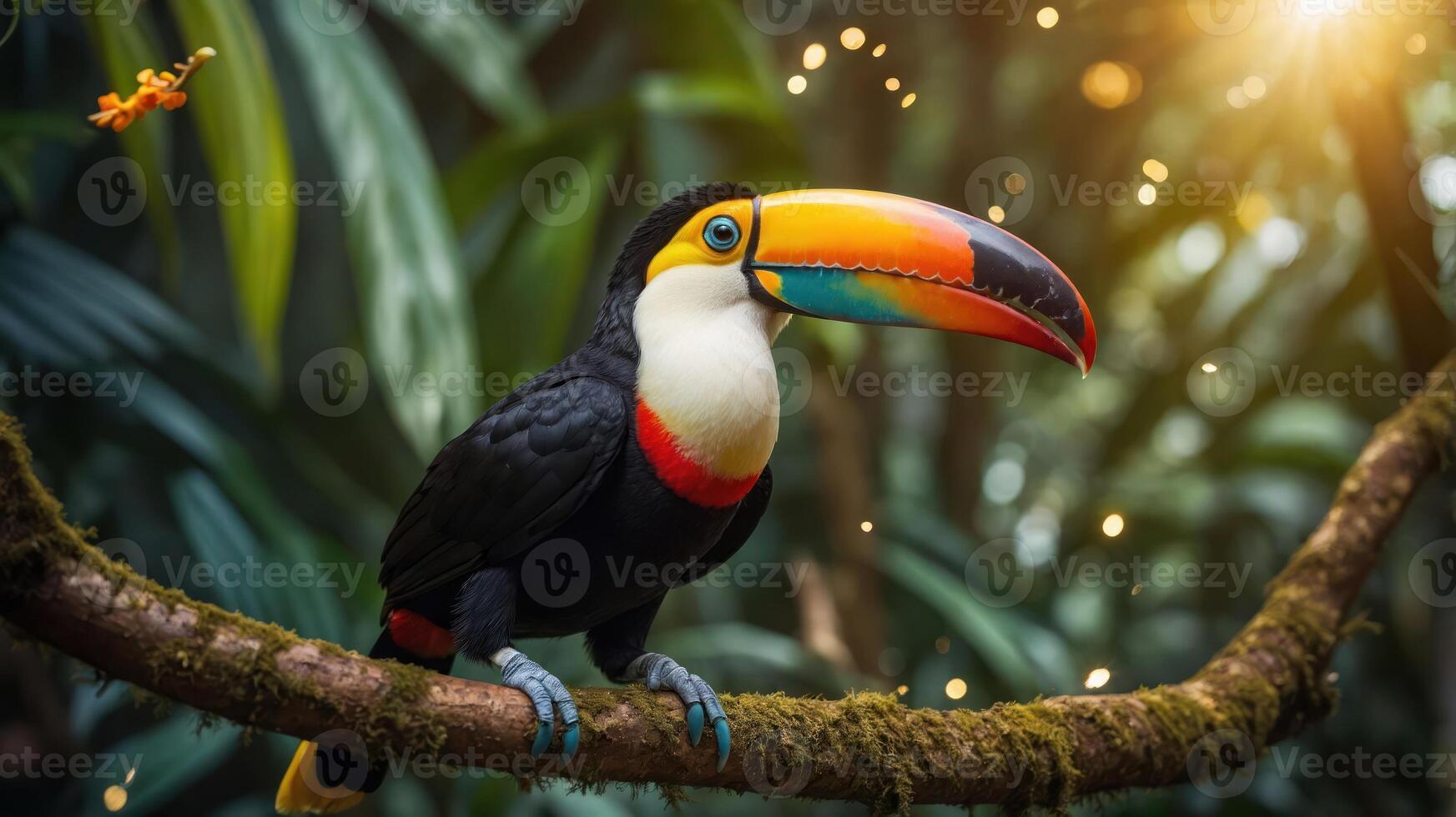 A vibrant toucan perched on a branch in a lush, green environment with sunlight filtering through. photo