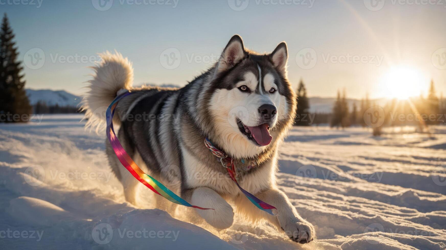 A happy dog running through the snow at sunset, showcasing joy and freedom in nature. photo