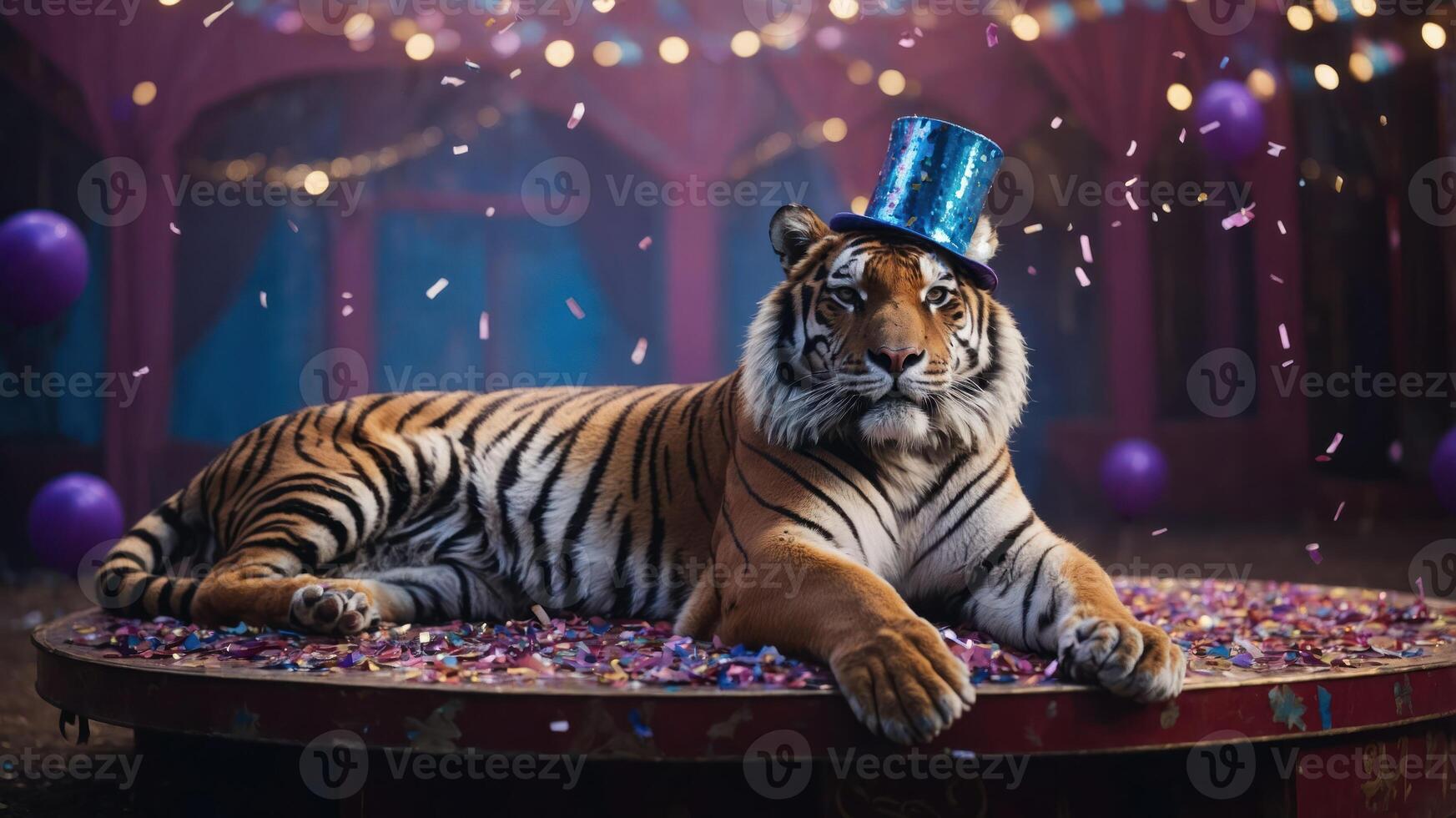 A tiger wearing a blue top hat sits on a colorful platform, surrounded by confetti and decorations. photo