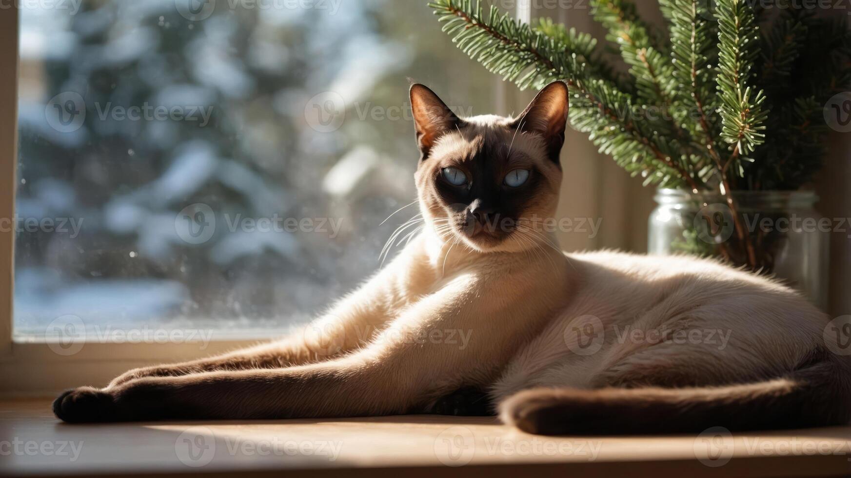 A serene cat lounging by a sunlit window with a plant in the background. photo