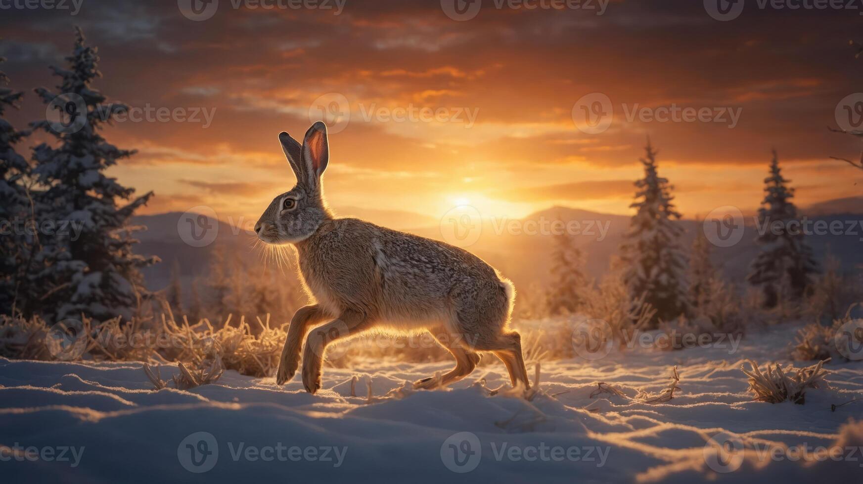A rabbit gracefully hops through a snowy landscape at sunset, surrounded by trees. photo