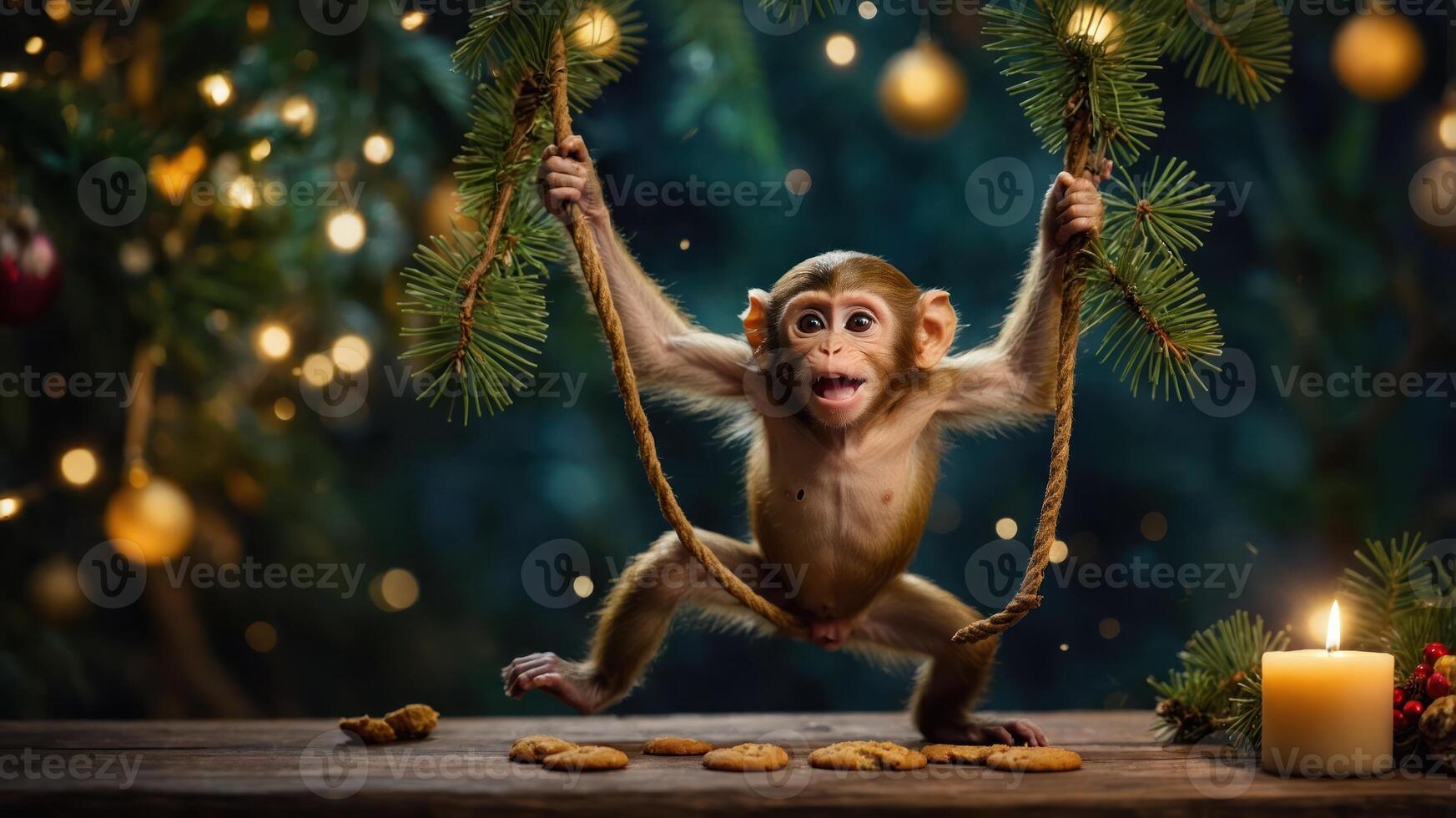 A playful monkey swings on a rope near cookies and a candle, surrounded by festive decorations. photo