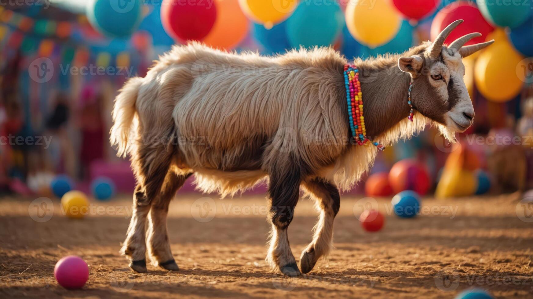 A goat adorned with a colorful necklace walks among festive balloons at a lively event. photo