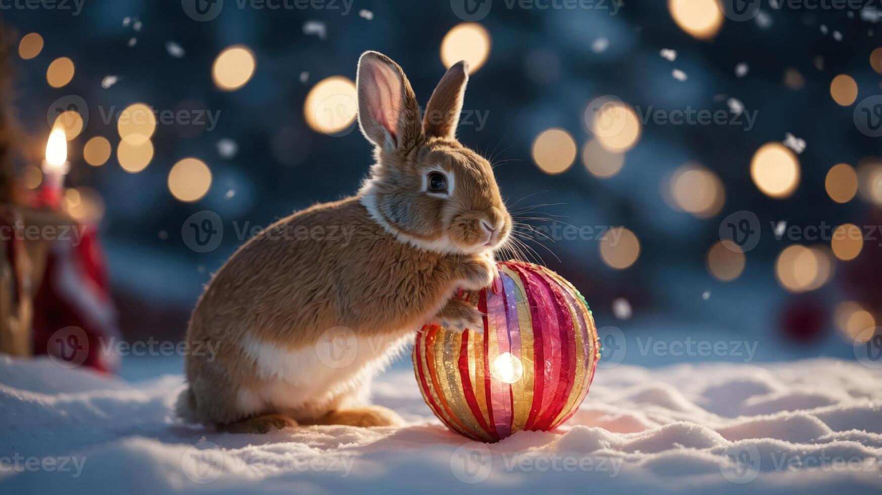 A rabbit playing with a colorful lantern in a snowy landscape, creating a festive atmosphere. photo