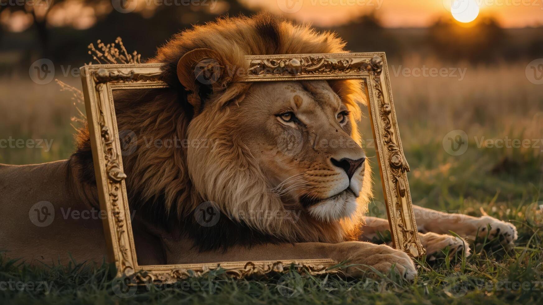 A lion rests with a decorative frame, blending nature and art at sunset. photo