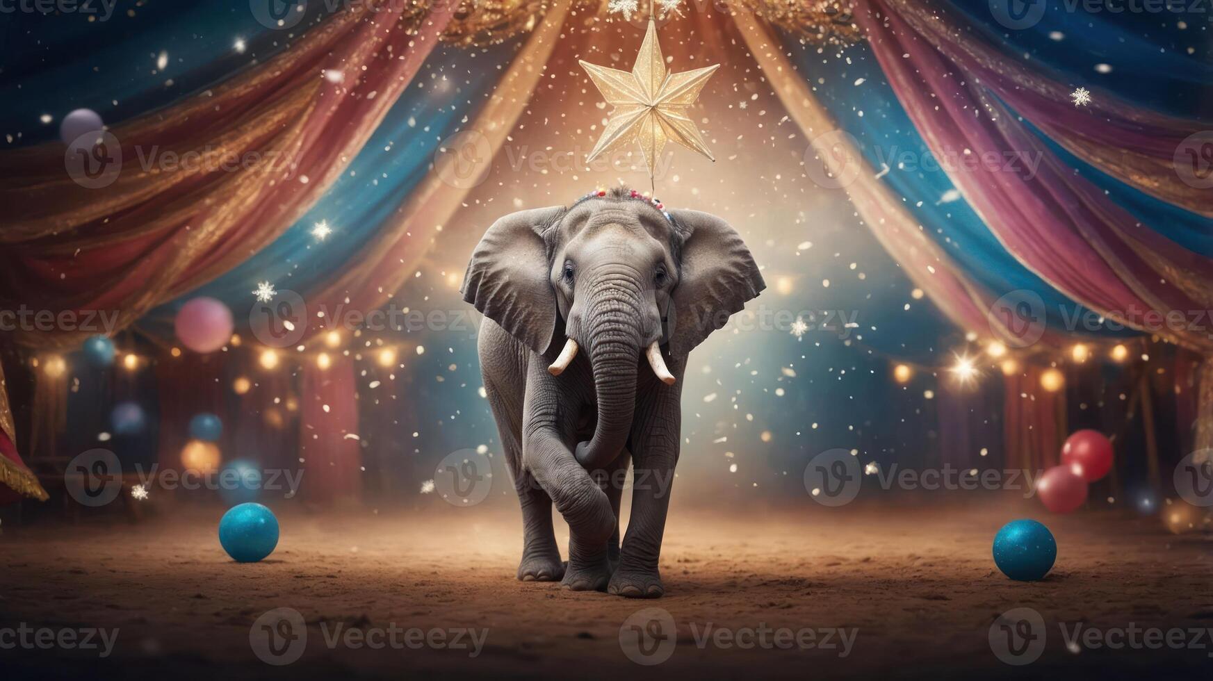 A circus-themed scene featuring an elephant with decorations and colorful elements. photo