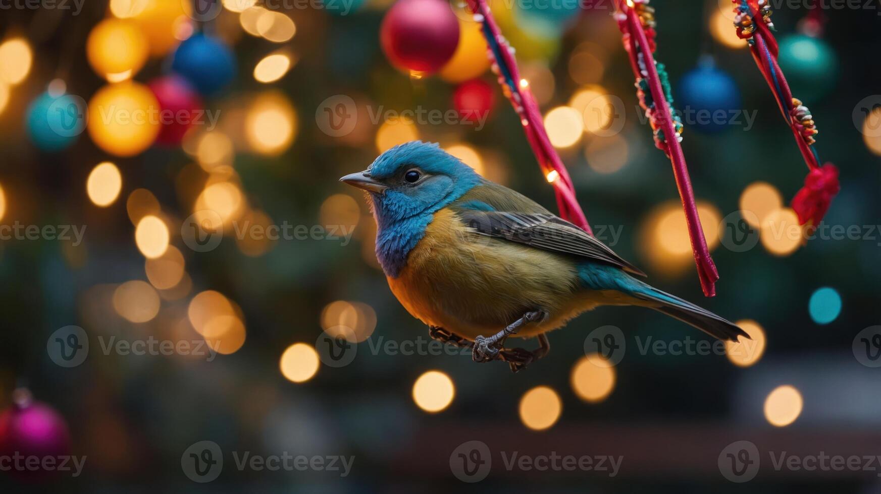 A colorful bird perched amidst festive decorations and blurred lights. photo