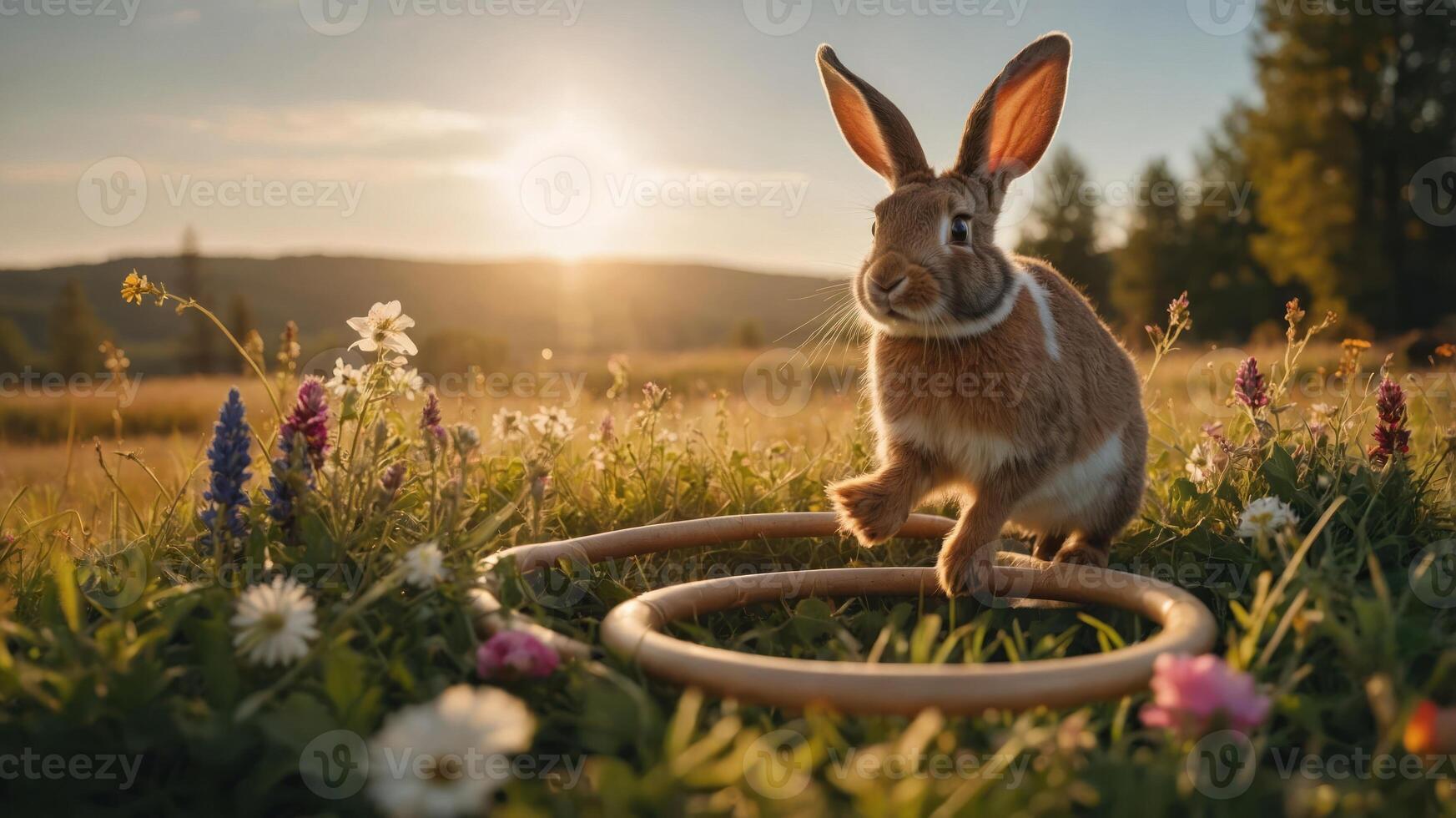 A playful rabbit hops around a hoop in a vibrant field during sunset. photo