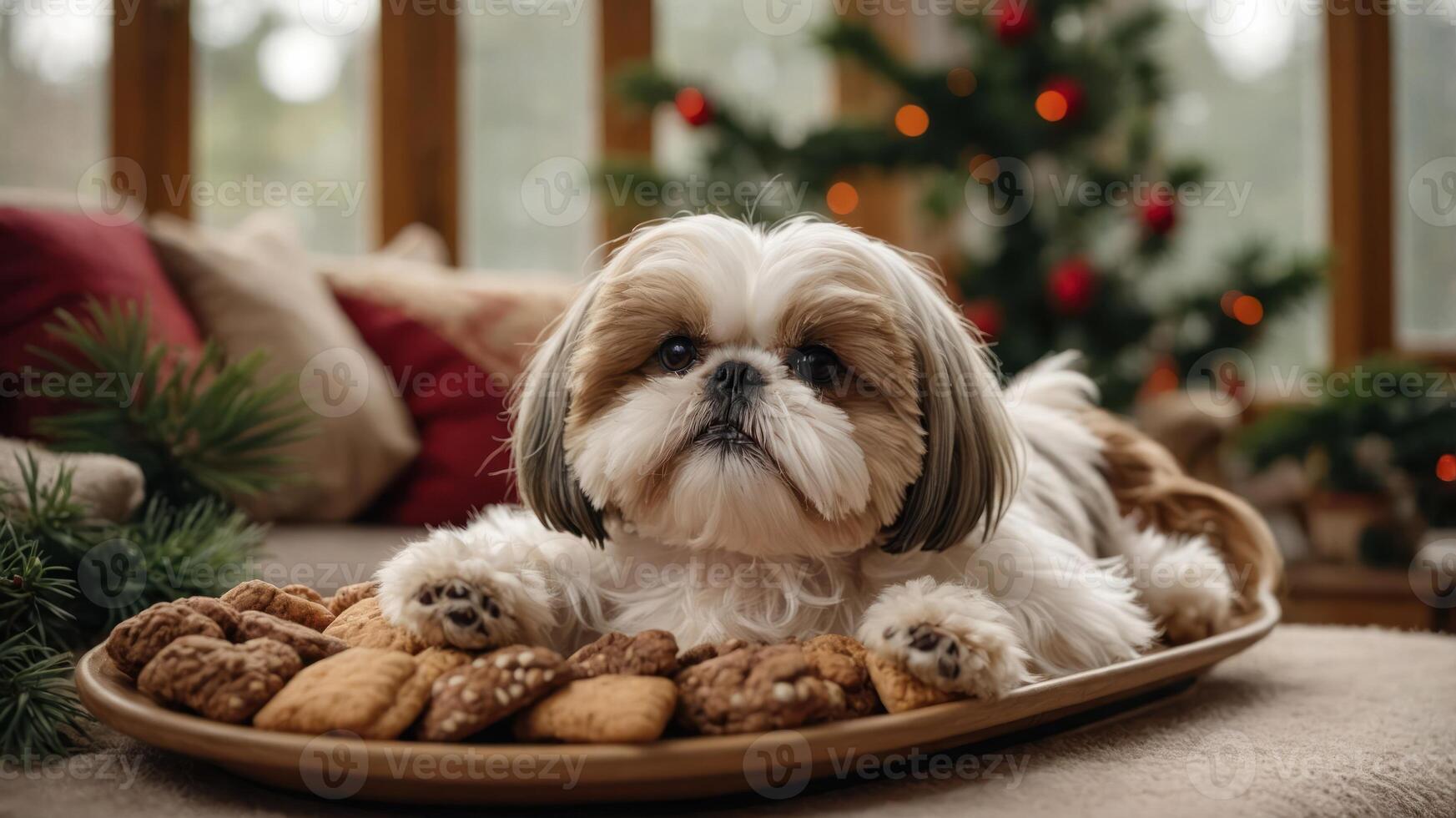 A Shih Tzu rests on a plate of cookies near a festive Christmas tree. photo