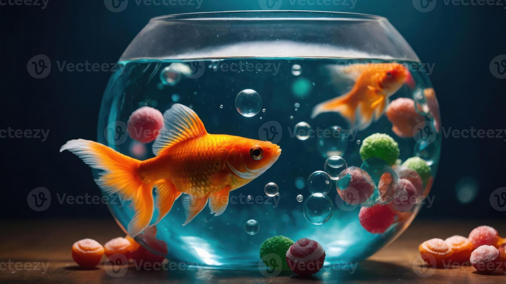 A goldfish swims in a bowl filled with colorful candies and bubbles. photo