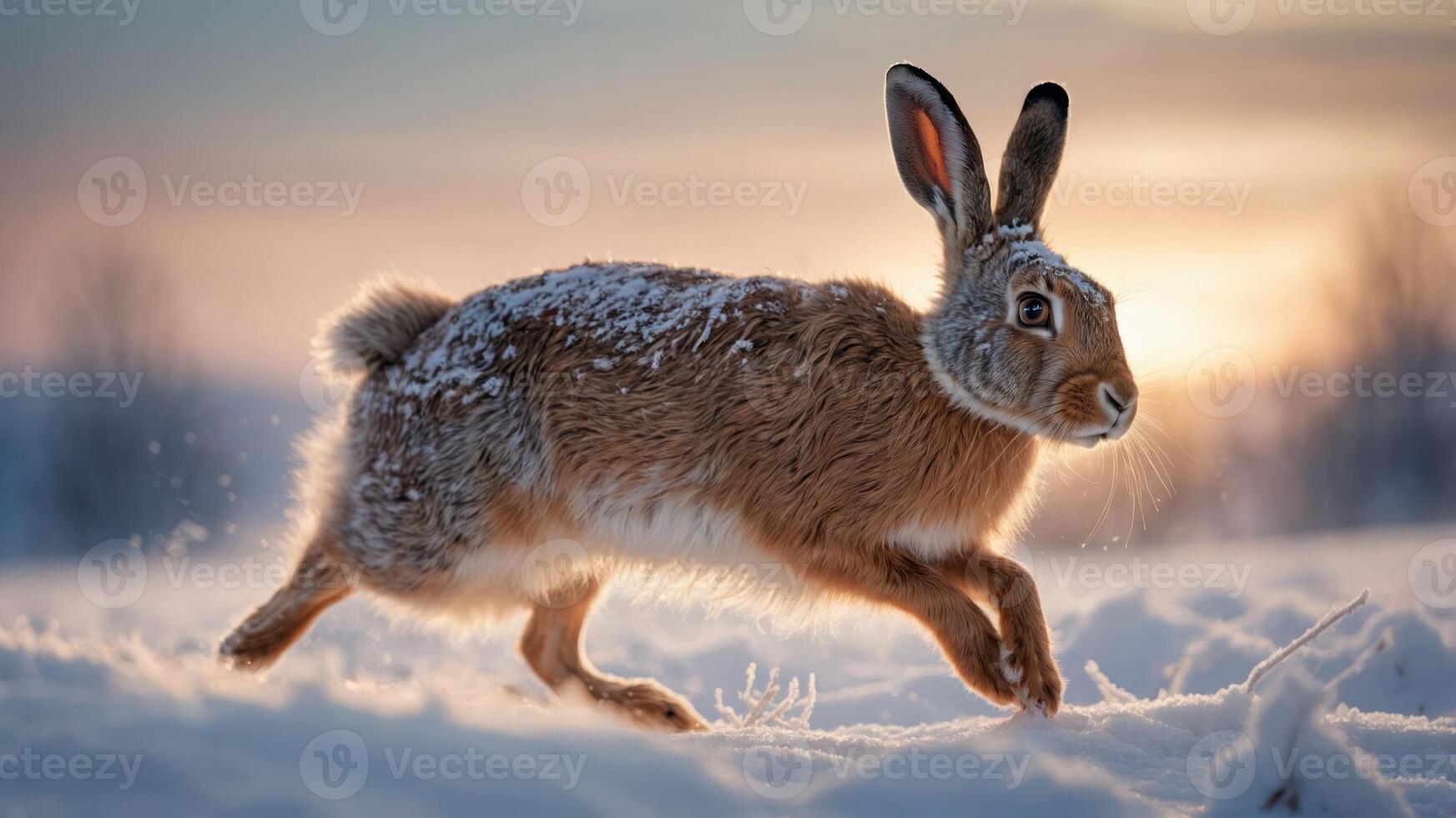 A rabbit running through a snowy landscape at sunset, showcasing winter wildlife. photo
