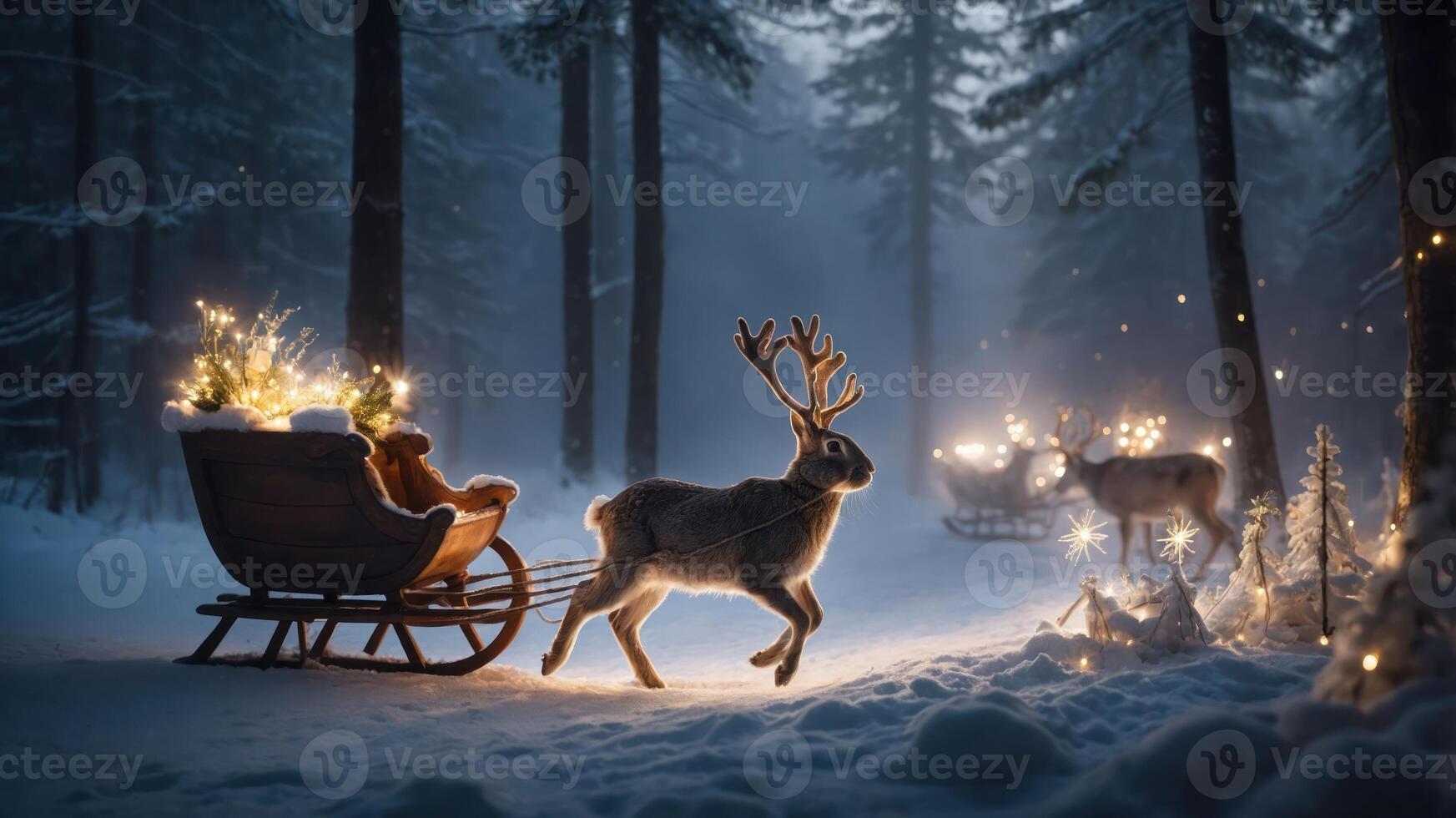 A serene winter scene featuring a sleigh, reindeer, and twinkling lights in a snowy forest. photo