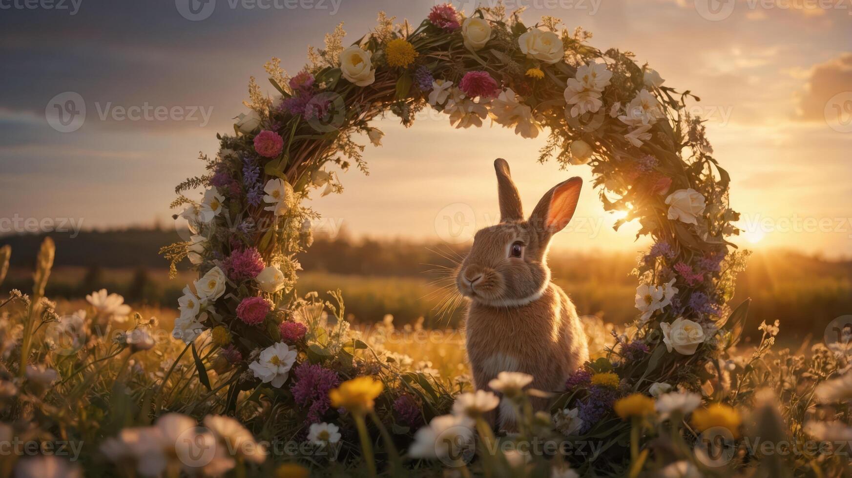 A serene rabbit sits amidst a floral wreath during sunset in a tranquil field. photo