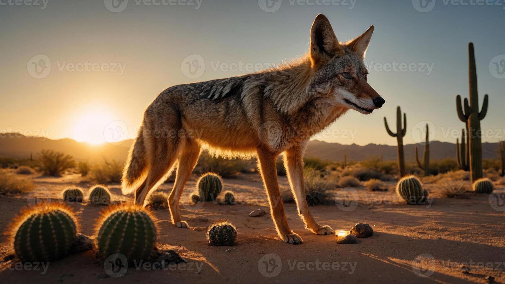 A coyote stands in a desert landscape during sunset, surrounded by cacti and mountains. photo