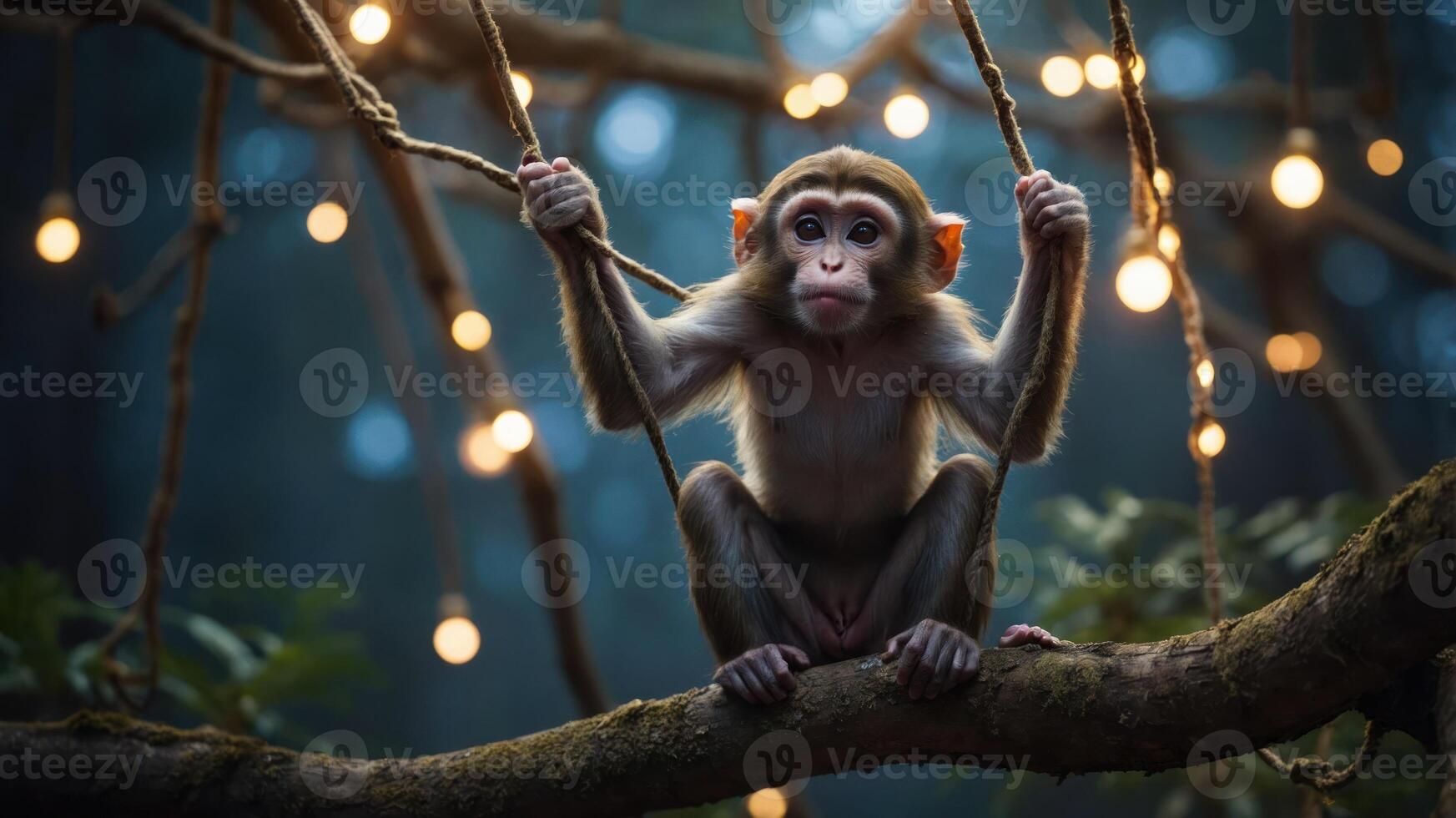 A monkey sitting on a branch surrounded by soft glowing lights in a forest setting. photo