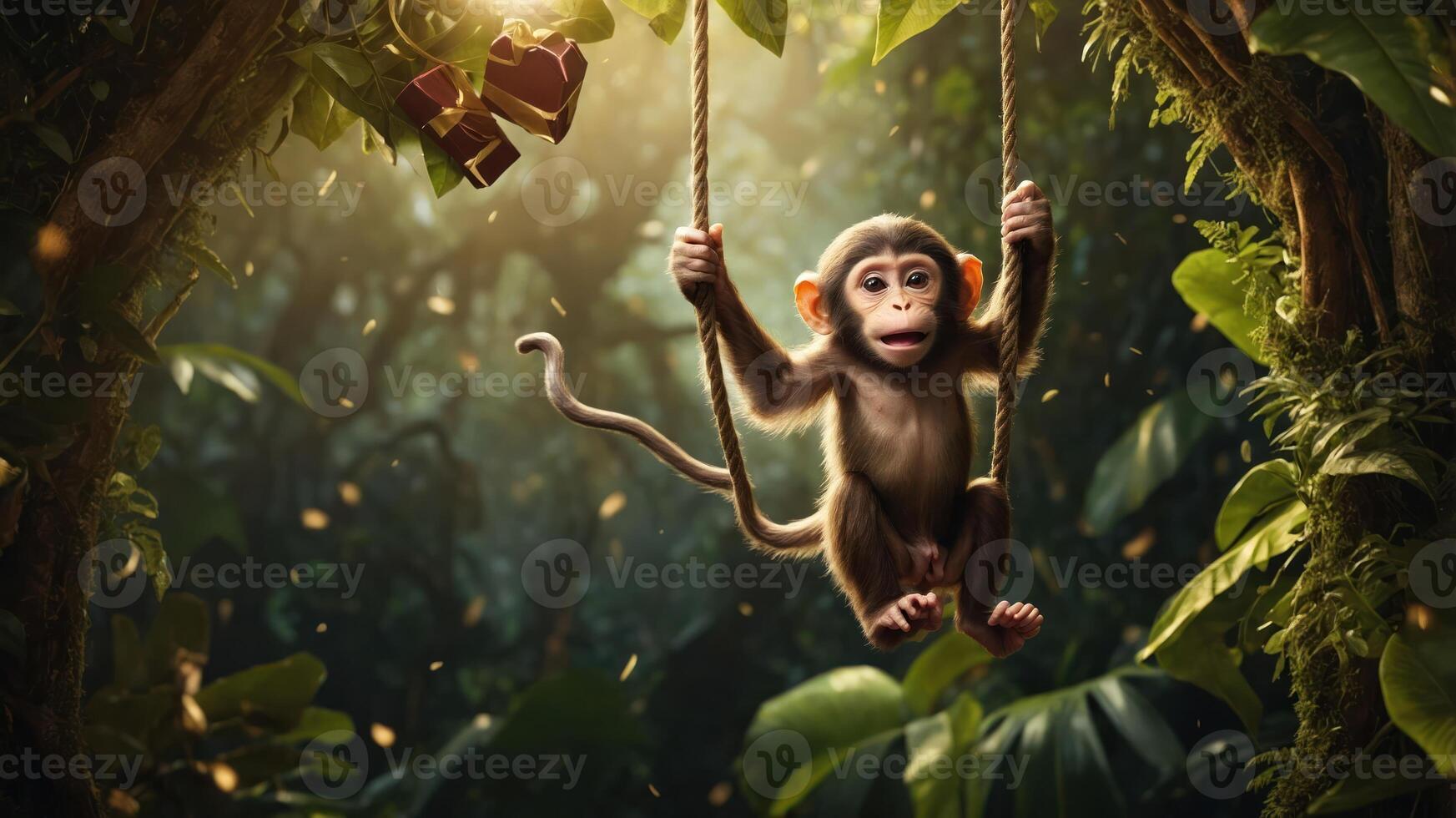 A playful monkey swings on a rope in a lush jungle, surrounded by greenery and gifts. photo