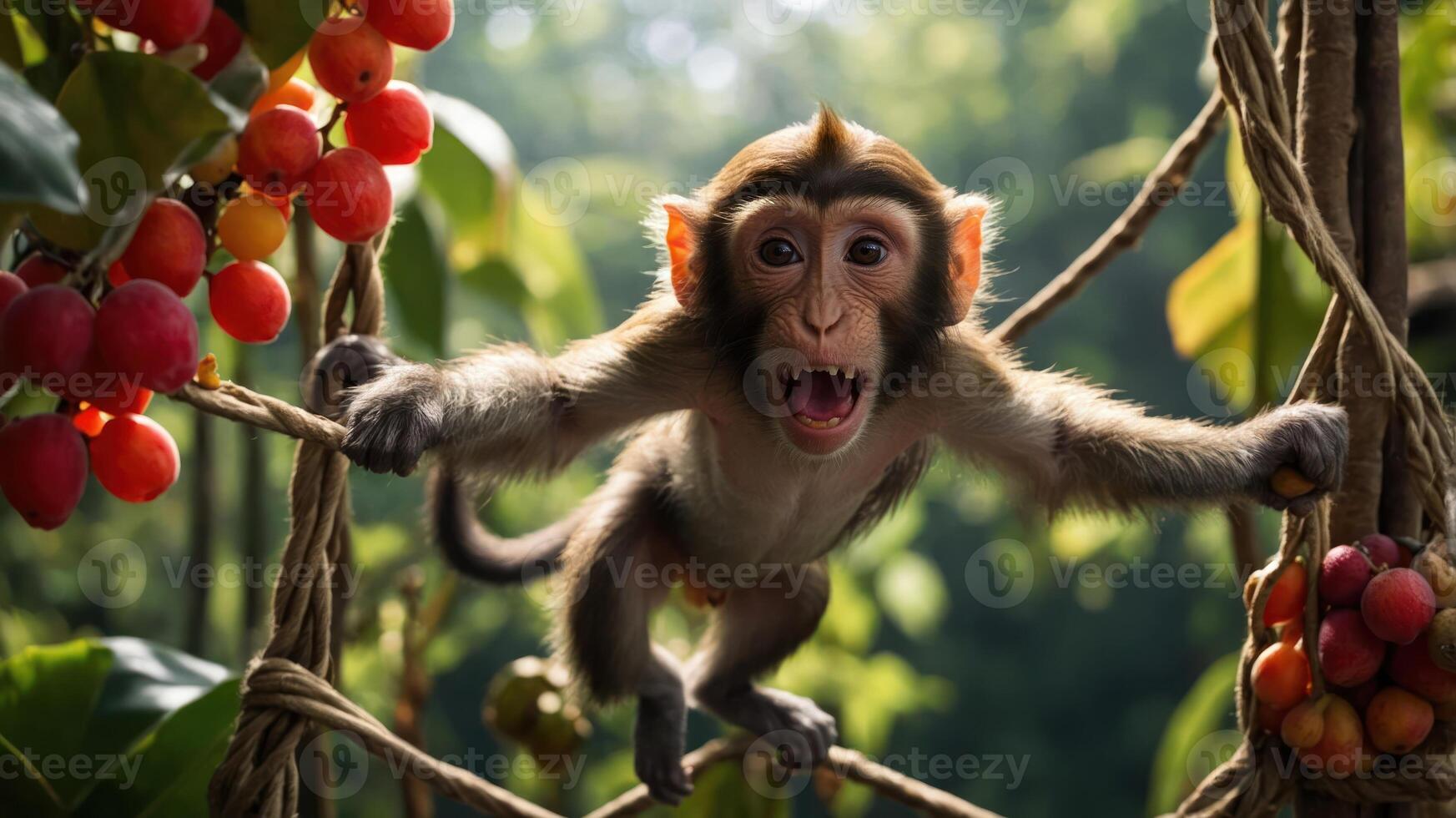 A playful monkey hanging on vines amidst vibrant fruits in a lush forest setting. photo