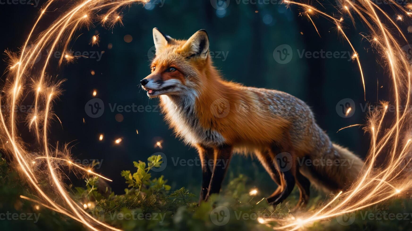 A fox stands amidst a magical, sparkly circle in a forest setting. photo