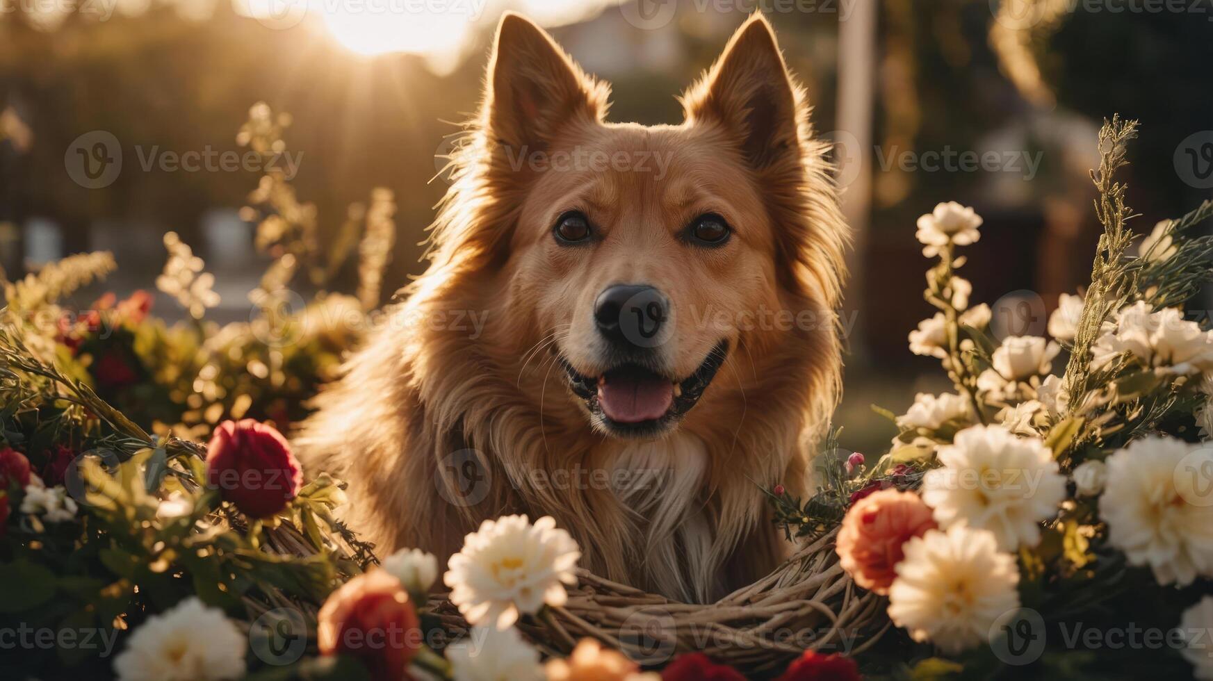 A cheerful dog surrounded by colorful flowers in a warm, natural setting. photo