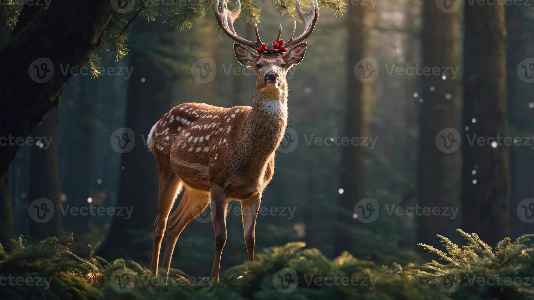 A deer adorned with festive decorations stands gracefully in a serene forest setting. photo