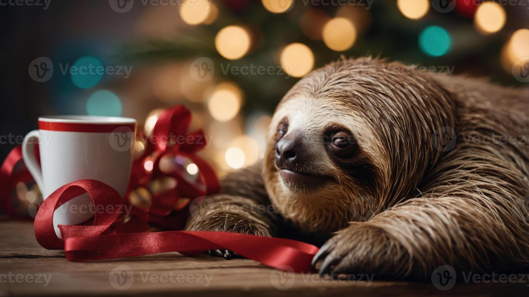A sloth rests beside a festive cup and ribbon, set against a decorated Christmas backdrop. photo