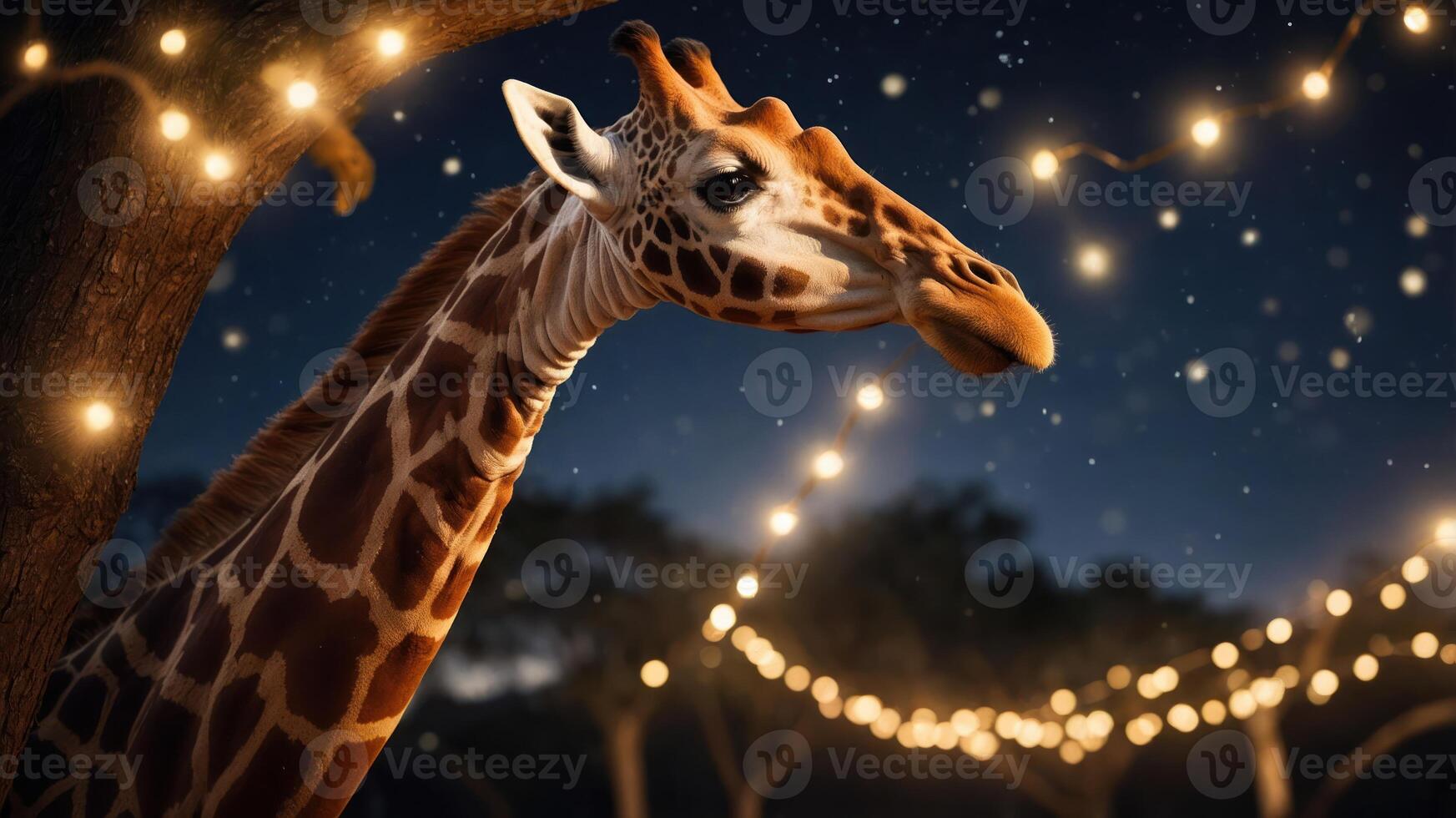A serene night scene featuring a giraffe illuminated by string lights under a starry sky. photo